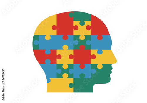 Wallpaper Mural Psychological Puzzle Pieces Illustration. This image shows a colorful head silhouette made of interlocking puzzle pieces, symbolizing mental complexity. Biological art design. Torontodigital.ca