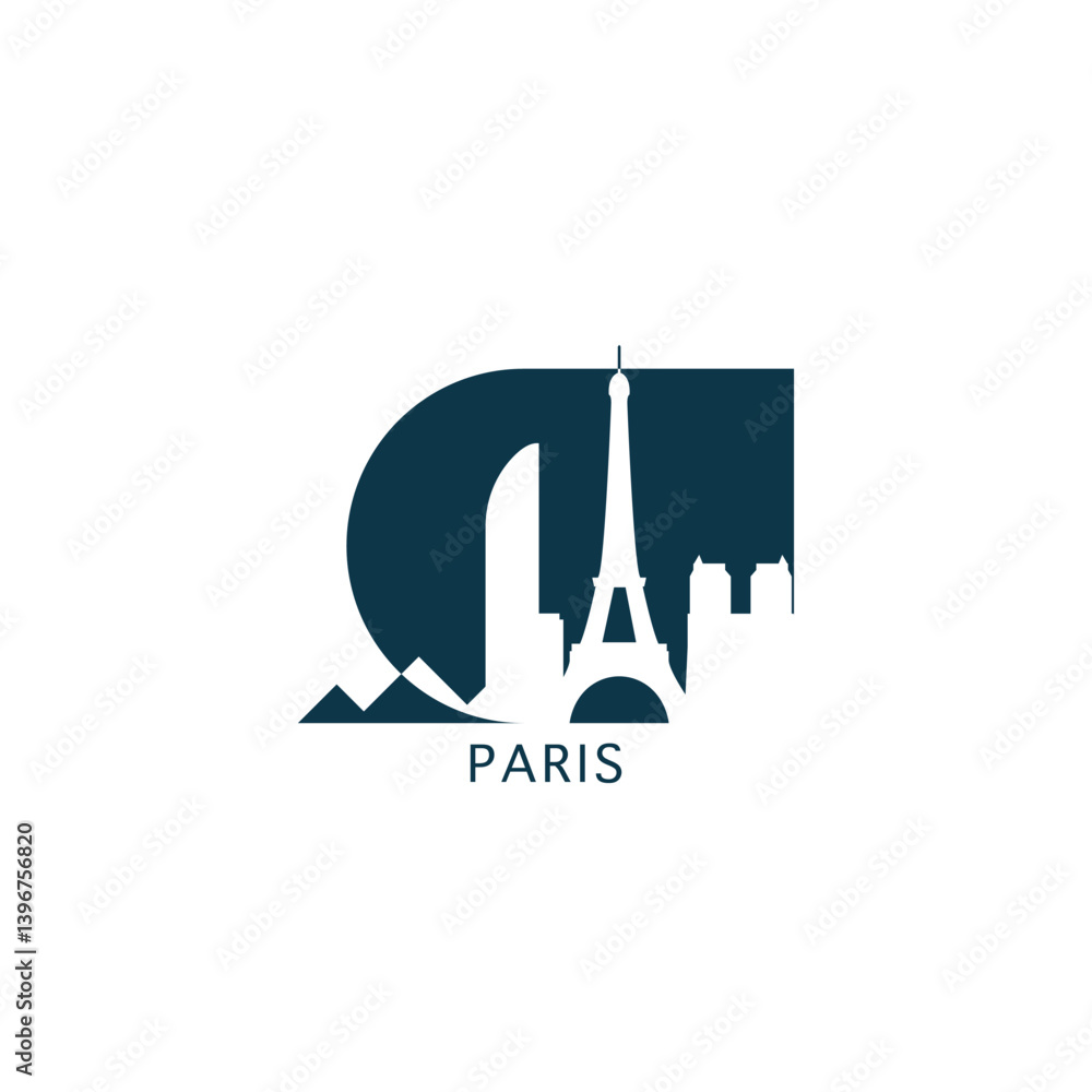 Paris vector icon with skyline, panoramic view, city shape. France capital area landmarks logo concept. Blue flat isolated graphic, badge Paris vector icon with skyline, panoramic view, city shape. France capital area landmarks logo concept. Blue flat isolated graphic, badge