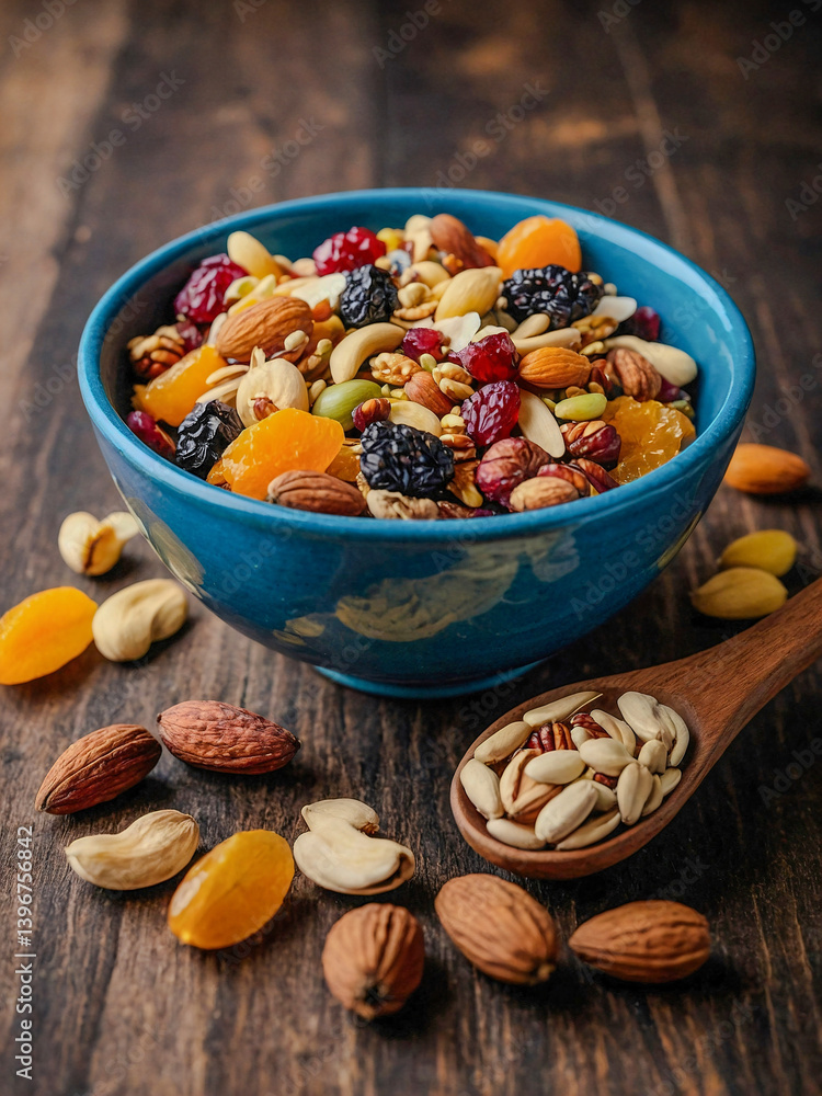 Bowl of colorful mix with nuts, seeds, and dried fruits.