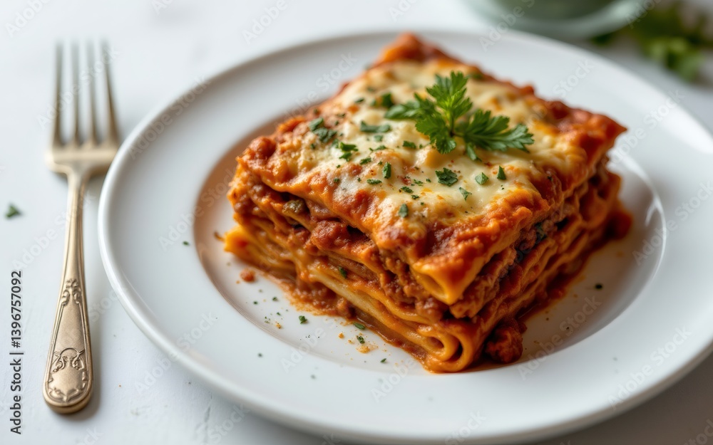 A delicious piece of lasagna topped with cheese and herbs, served on a white plate with a fork nearby A delicious piece of lasagna topped with cheese and herbs, served on a white plate with a fork nearby