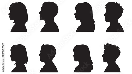 Vector silhouettes of women and a single woman icon feature black profile heads and hairstyles in a stylish silhouette set