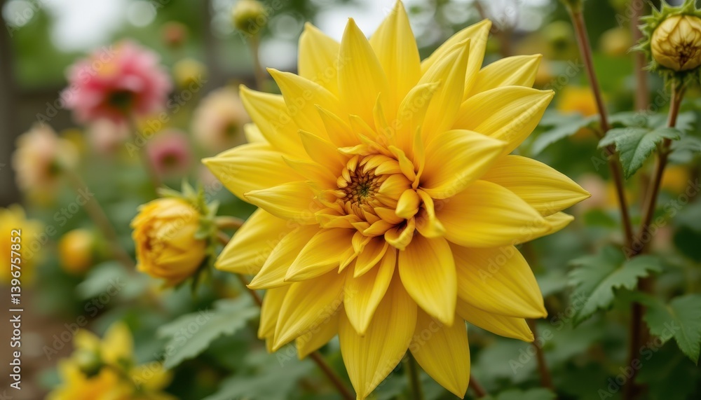 Closeup of bright blooming yellow dahlia flower growing in garden over blurred background on sunny day. photo. Closeup of bright blooming yellow dahlia flower growing in garden over blurred background on sunny day. photo.