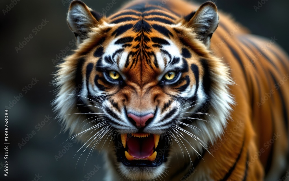 Fototapeta premium A close-up view of a fierce tiger displaying its sharp teeth and striking eyes, showcasing its powerful presence
