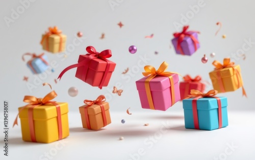 Colorful presents with ribbons float against a minimal background, creating a festive and cheerful atmosphere