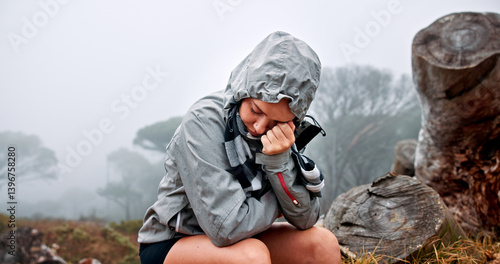 Crying, hiker or woman in outdoor nature with grief, stress or burnout on adventure and trekking journey. Fail, sad and lost traveller in woods for hiking with anxiety, worry or fear with mistake