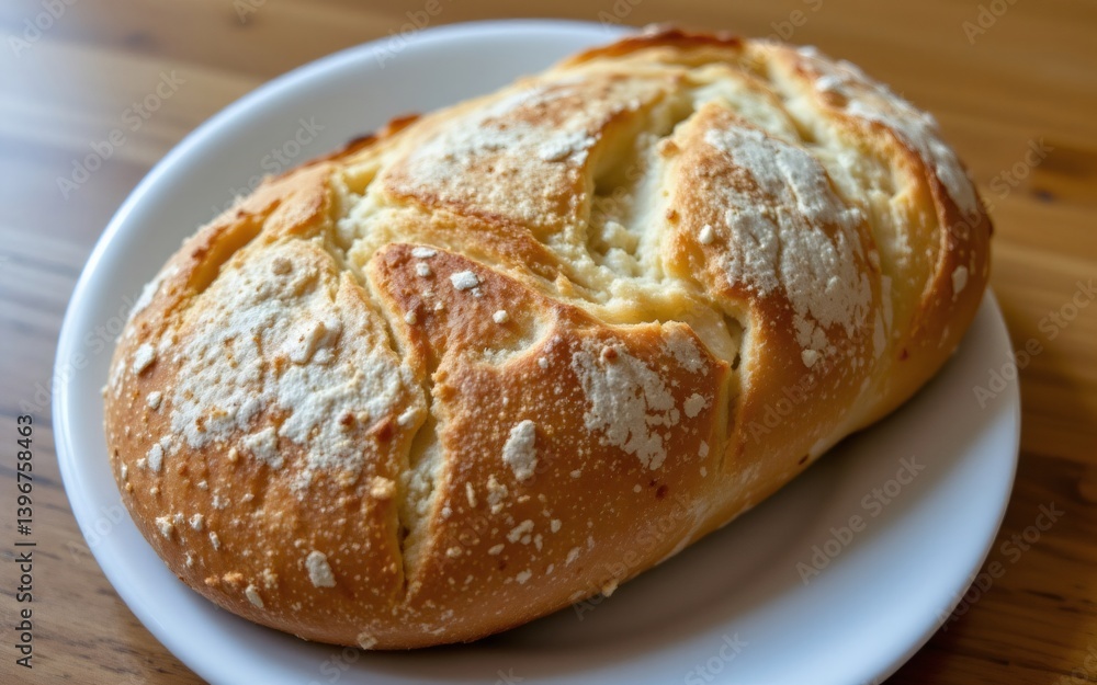 A freshly baked round loaf of rustic bread with a crisp crust resting on a white plate A freshly baked round loaf of rustic bread with a crisp crust resting on a white plate