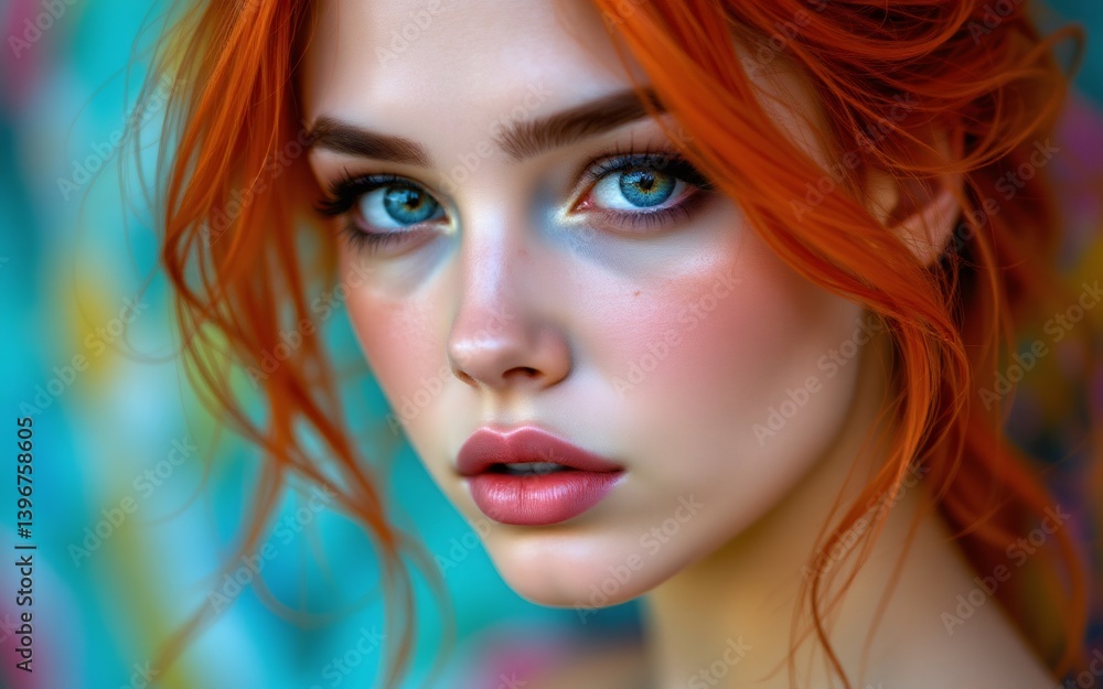 A portrait featuring a model with striking orange hair and vivid blue eyes, set against a colorful, abstract background A portrait featuring a model with striking orange hair and vivid blue eyes, set against a colorful, abstract background