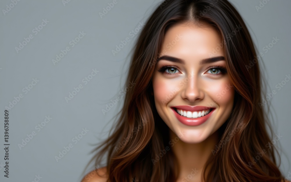Naklejka premium A portrait of a smiling individual with beautifully styled hair and radiant skin, set against a neutral background