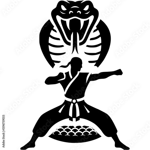Sport emblem of kung fu fighter in cobra snake style stance in monochrome. Engraving minimalistic vector in black ink drawing on transparent background