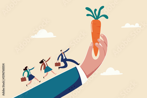Incentive, reward or bonus to motivate employee on hard working to reach success, company benefit, job promotion or employee program concept, business people run on giant hand to grab carrot stick.