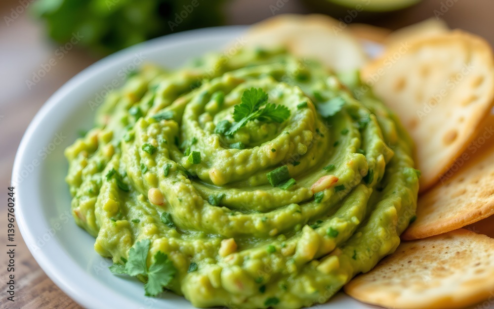A vibrant green dip made from avocados served with crispy crackers and garnished with fresh cilantro