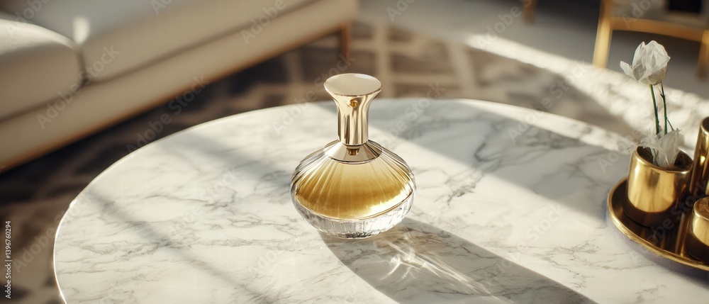 Chic table displaying a beautifully designed perfume bottle surrounded by minimal decor Chic table displaying a beautifully designed perfume bottle surrounded by minimal decor