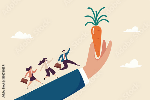 Incentive, reward or bonus to motivate employee on hard working to reach success, company benefit, job promotion or employee program concept, business people run on giant hand to grab carrot stick.