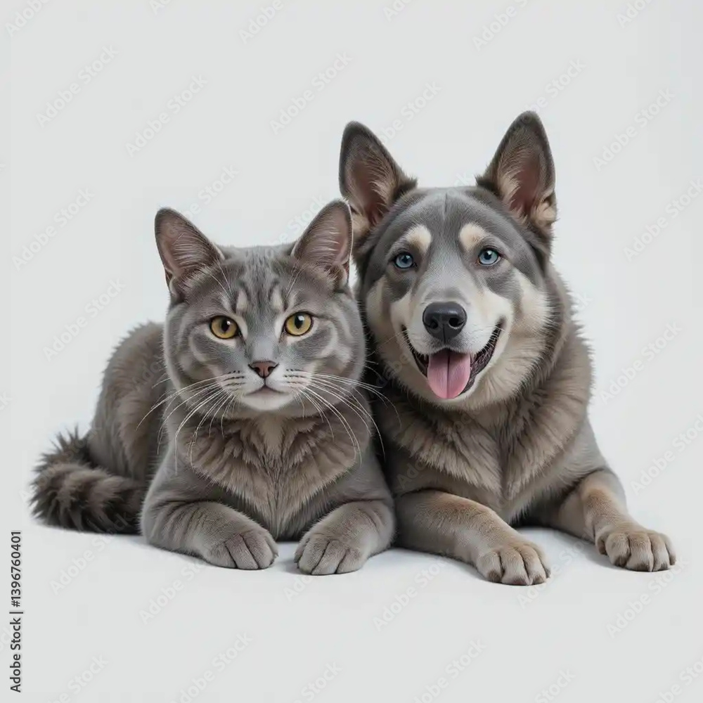 Fototapeta premium gray cat and dog sitting on white isolated