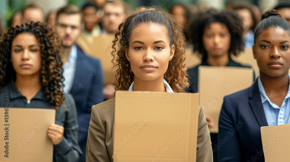 Diverse group of employees holding blank protest signs with determined expressions, Workplace equality advocacy, corporate activism, and social justice movement concepts in documentary-style imagery.
