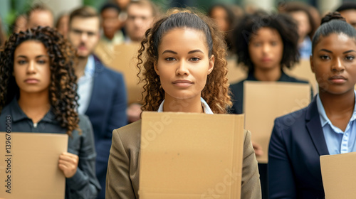 Diverse group of employees holding blank protest signs with determined expressions, Workplace equality advocacy, corporate activism, and social justice movement concepts in documentary-style imagery.