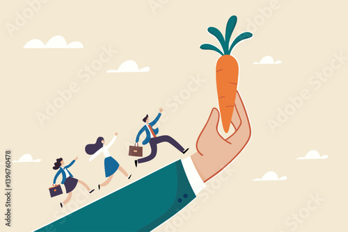 Incentive, reward or bonus to motivate employee on hard working to reach success, company benefit, job promotion or employee program concept, business people run on giant hand to grab carrot stick.