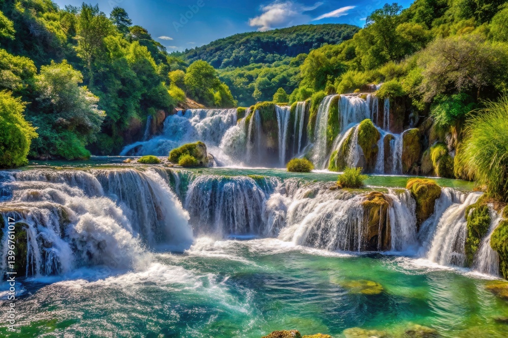 Fototapeta premium Skradinski Buk Waterfall Croatia: Sunny Day Rapids, High-Resolution Cascade Image