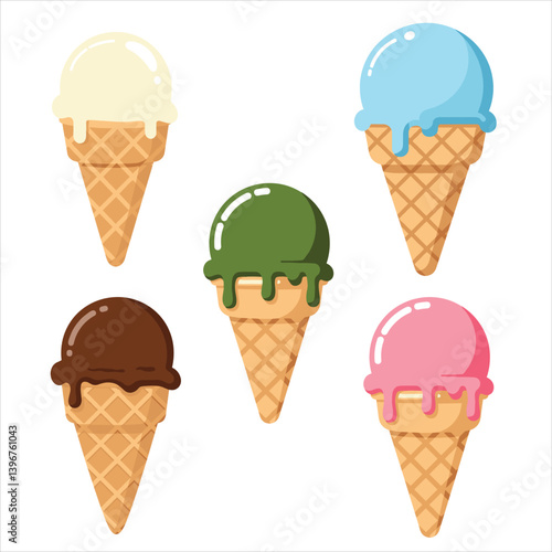 Colorful ice cream cones: a delightful treat, vector art perfect for summer