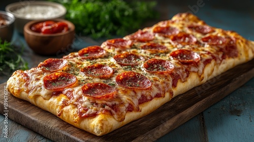 Rectangular pizza topped with pepperoni, cheese, and herbs on a wooden board