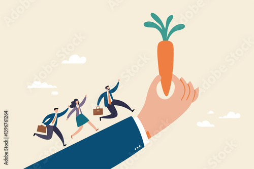 Incentive, reward or bonus to motivate employee on hard working to reach success, company benefit, job promotion or employee program concept, business people run on giant hand to grab carrot stick.