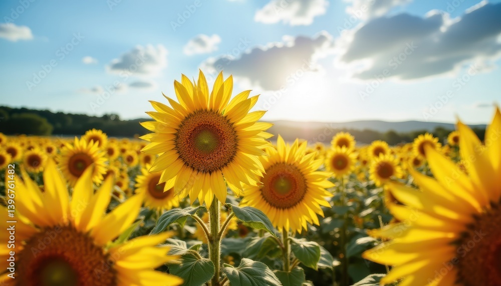 Sunflowers radiate cheerfulness, soaking in the golden sunlight against a stunning blue sky backdrop in the countryside. photo. Sunflowers radiate cheerfulness, soaking in the golden sunlight against a stunning blue sky backdrop in the countryside. photo.