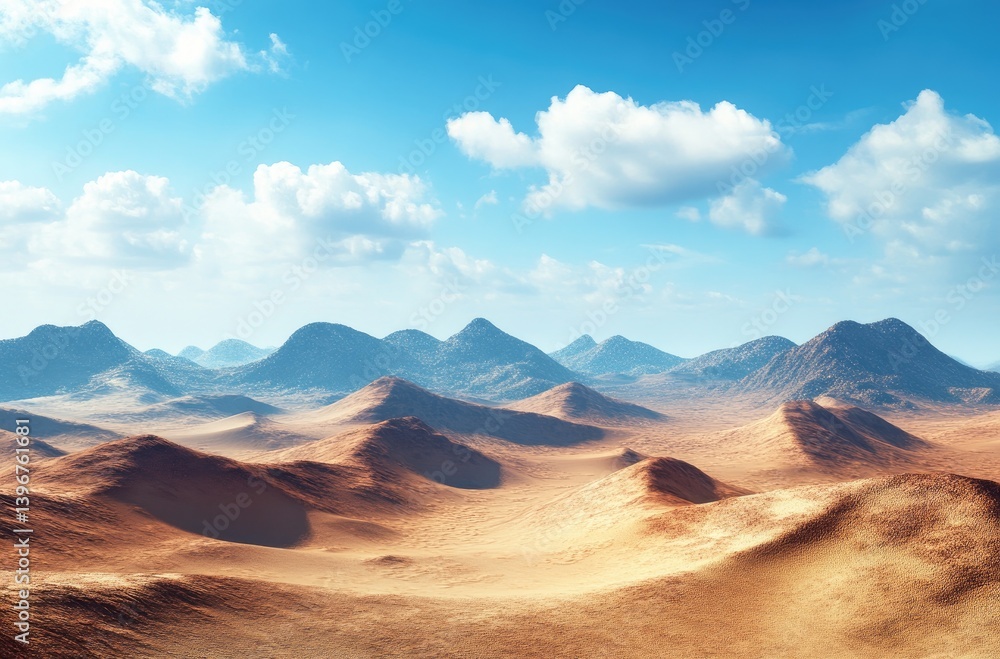 Naklejka premium A vast desert landscape stretches beneath a vibrant blue sky filled with fluffy clouds.