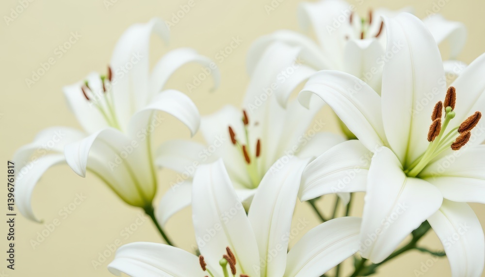 Fototapeta premium Beautiful white lilies on solid color background, closeup. Floral decor. photo.