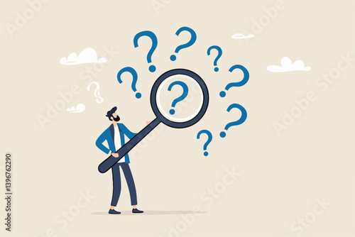 Problem analysis or problem management, analyze or investigate for root cause or incident, finding solution or discover threat or uncertain, businessman with magnifying glass analyze question marks.