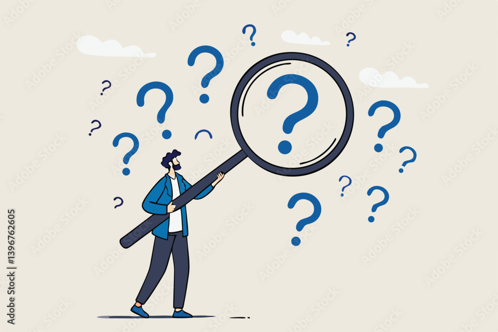 Problem analysis or problem management, analyze or investigate for root cause or incident, finding solution or discover threat or uncertain, businessman with magnifying glass analyze question marks. Problem analysis or problem management, analyze or investigate for root cause or incident, finding solution or discover threat or uncertain, businessman with magnifying glass analyze question marks.