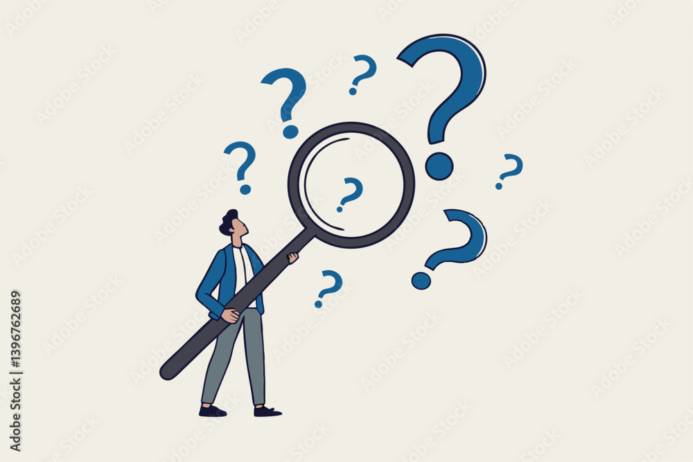 Problem analysis or problem management, analyze or investigate for root cause or incident, finding solution or discover threat or uncertain, businessman with magnifying glass analyze question marks. Problem analysis or problem management, analyze or investigate for root cause or incident, finding solution or discover threat or uncertain, businessman with magnifying glass analyze question marks.