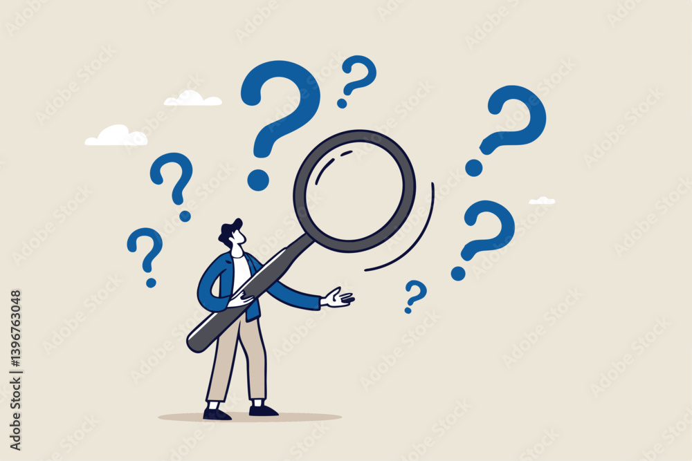 Problem analysis or problem management, analyze or investigate for root cause or incident, finding solution or discover threat or uncertain, businessman with magnifying glass analyze question marks. Problem analysis or problem management, analyze or investigate for root cause or incident, finding solution or discover threat or uncertain, businessman with magnifying glass analyze question marks.
