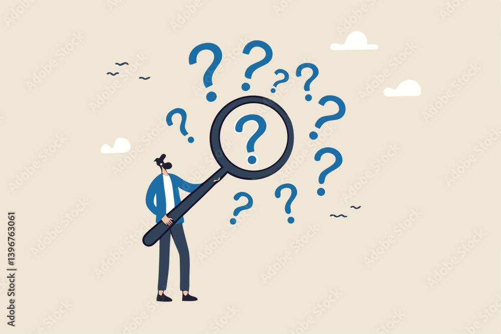 Problem analysis or problem management, analyze or investigate for root cause or incident, finding solution or discover threat or uncertain, businessman with magnifying glass analyze question marks. Problem analysis or problem management, analyze or investigate for root cause or incident, finding solution or discover threat or uncertain, businessman with magnifying glass analyze question marks.