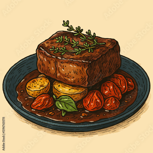 Grilled Steak Served with Roasted Vegetables and Herb Garnish Illustration