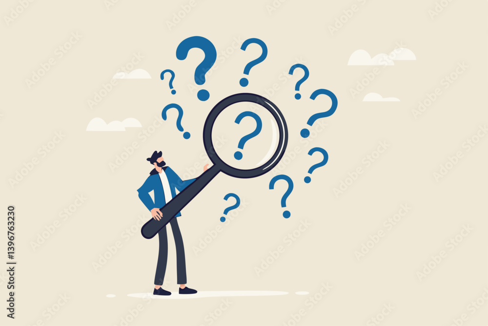 Problem analysis or problem management, analyze or investigate for root cause or incident, finding solution or discover threat or uncertain, businessman with magnifying glass analyze question marks. Problem analysis or problem management, analyze or investigate for root cause or incident, finding solution or discover threat or uncertain, businessman with magnifying glass analyze question marks.