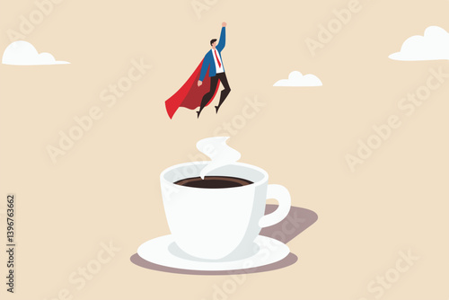 Coffee break to refresh or boost energy, morning routine to help focus and boost productivity, relax or awaken with tea break concept, businessman superhero flying from mug of coffee.