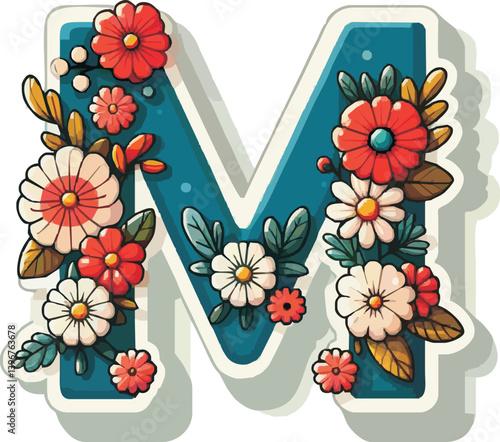 Doodle flower letter M. Floral element of colorful alphabet made from flowers