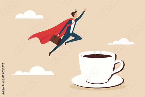 Coffee break to refresh or boost energy, morning routine to help focus and boost productivity, relax or awaken with tea break concept, businessman superhero flying from mug of coffee.