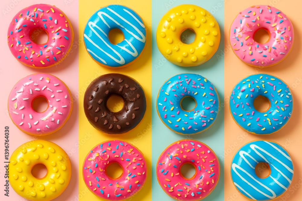 Colorful glazed donuts with sprinkles arranged in grid on multicolor background, sweet dessert concept for food design and bakery Colorful glazed donuts with sprinkles arranged in grid on multicolor background, sweet dessert concept for food design and bakery