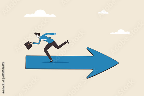 Wrong direction lead to mistake, leadership decision to be difference or opposite, mislead or false to get lost concept, confused businessman running in wrong opposite direction of trend arrow.