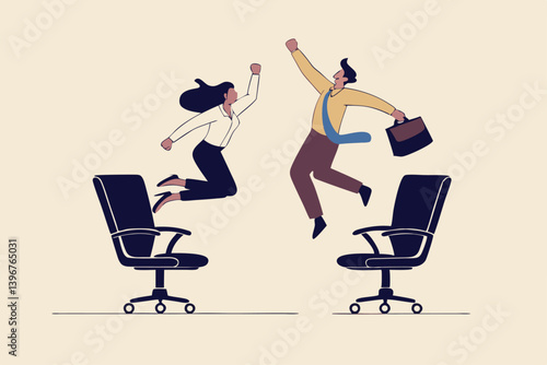 Job rotation or employee switch position for new skill and experience, moving to new responsibility within organization concept, businessman and woman jump on office chair metaphor of job rotation.