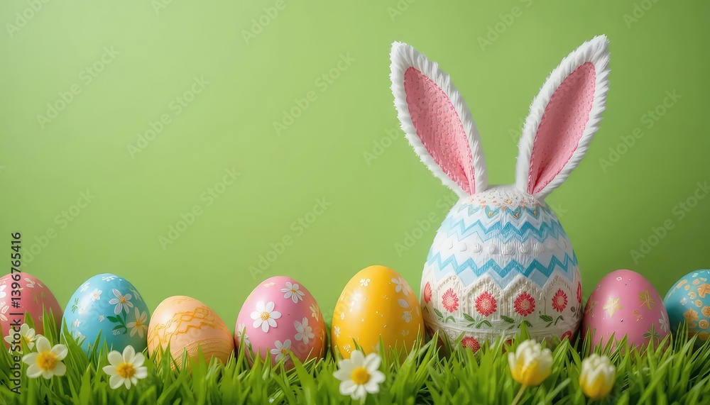 Decorated Easter Eggs with Bunny Ears in Green Grass Spring Holiday Decorated Easter Eggs with Bunny Ears in Green Grass Spring Holiday
