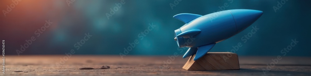 Fototapeta premium Sleek blue rocket, wooden stand; represents innovative technology , wooden, startup