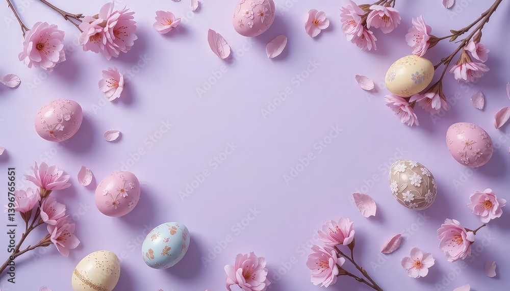 Decorated Easter Eggs with Pink Flowers on Light Purple Background Decorated Easter Eggs with Pink Flowers on Light Purple Background
