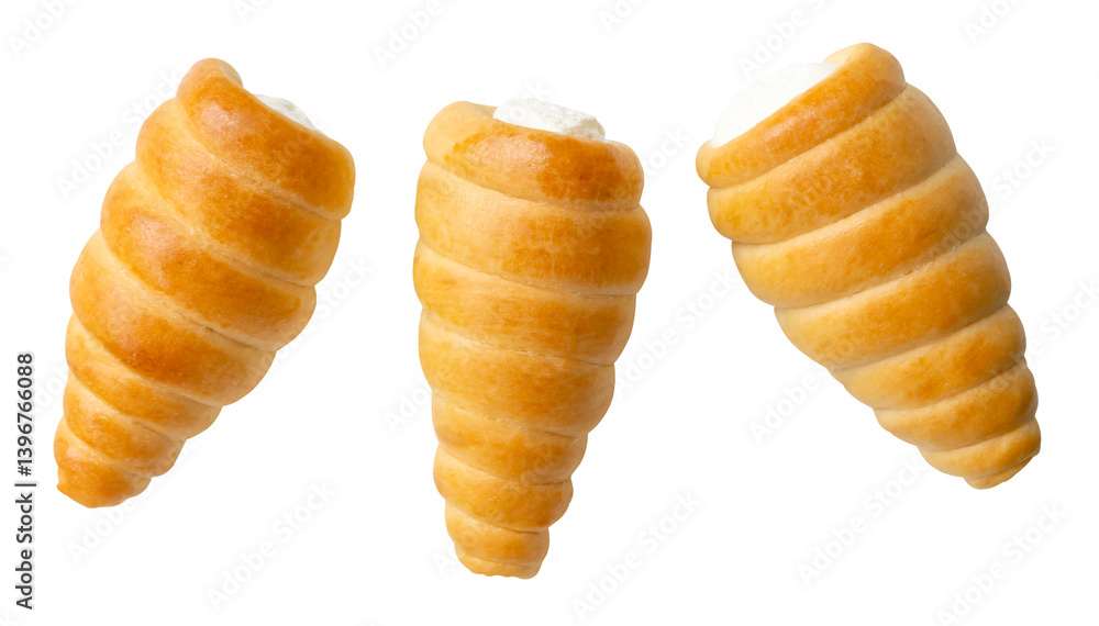 Top view set of three pieces of brown puff pastry cream horns isolated with clipping path in png file format Top view set of three pieces of brown puff pastry cream horns isolated with clipping path in png file format