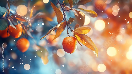 Close up of oranges hanging from a tree branch with bokeh lights in the background and leaves around them