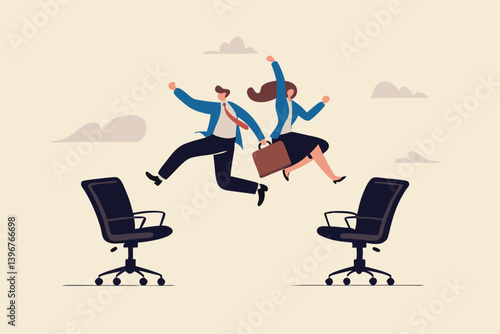 Job rotation or employee switch position for new skill and experience, moving to new responsibility within organization concept, businessman and woman jump on office chair metaphor of job rotation.