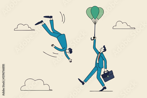 Business ranking up or down, situation for success and failure, growth or losing comparison, risk or challenge concept, businessman holding balloon rising up compare to other falling down with anchor.