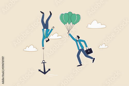 Business ranking up or down, situation for success and failure, growth or losing comparison, risk or challenge concept, businessman holding balloon rising up compare to other falling down with anchor.