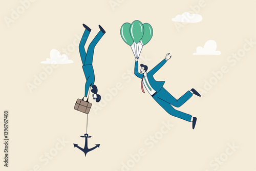 Business ranking up or down, situation for success and failure, growth or losing comparison, risk or challenge concept, businessman holding balloon rising up compare to other falling down with anchor.